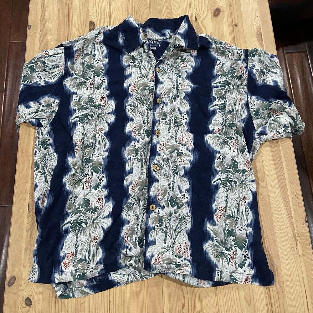 QUE HAWAIIAN SHIRT MENS MEDIUM BLUE CHECK PALM TREES MADE IN USA BUTTON UP